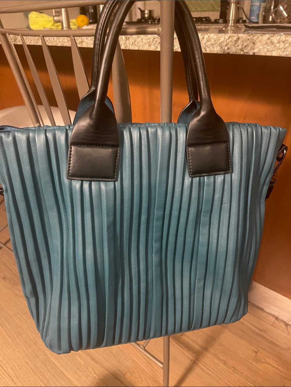 Blue Pleated Tote Bag with Black Handles